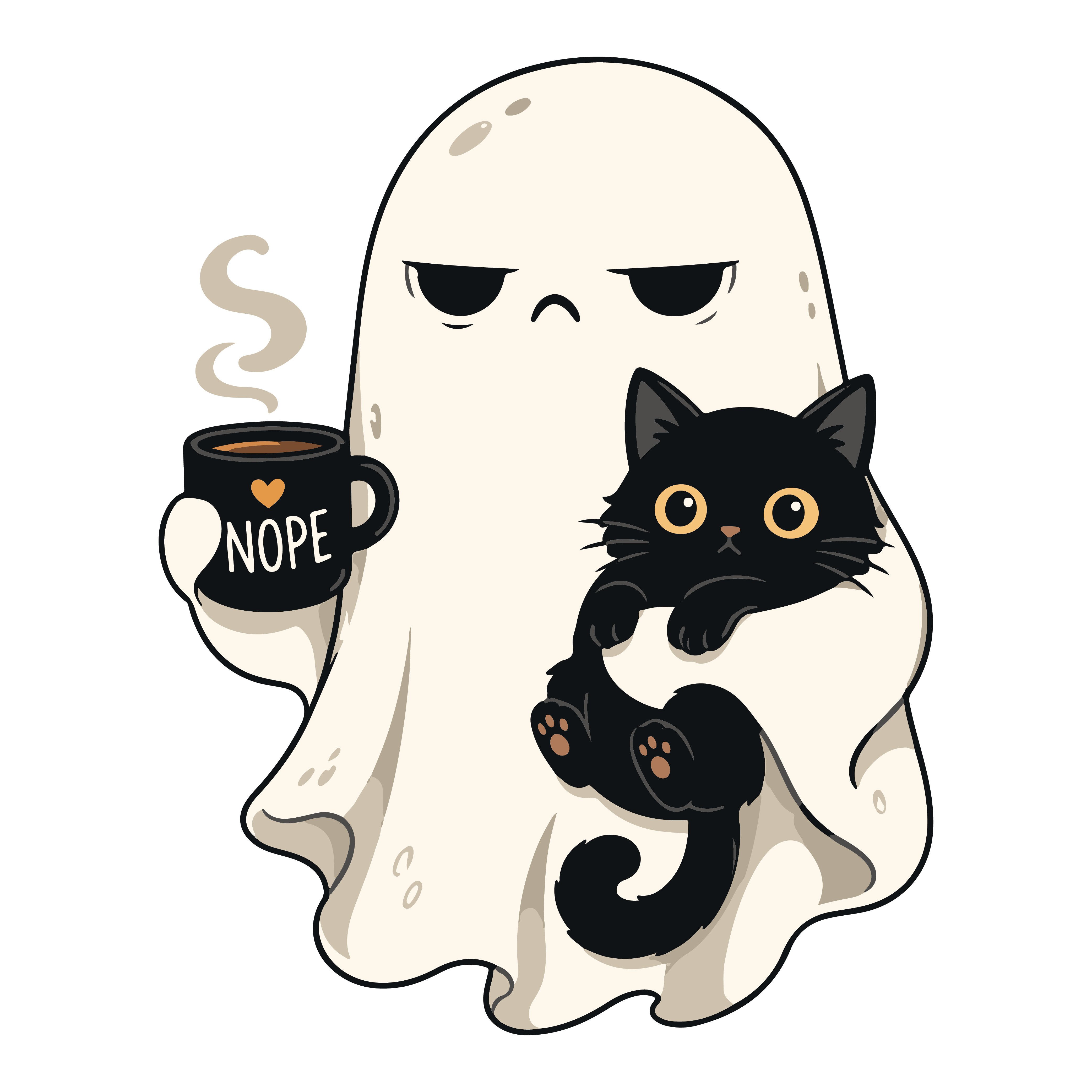 Grumpy Ghost With Coffee & Black Cat SVG PNG